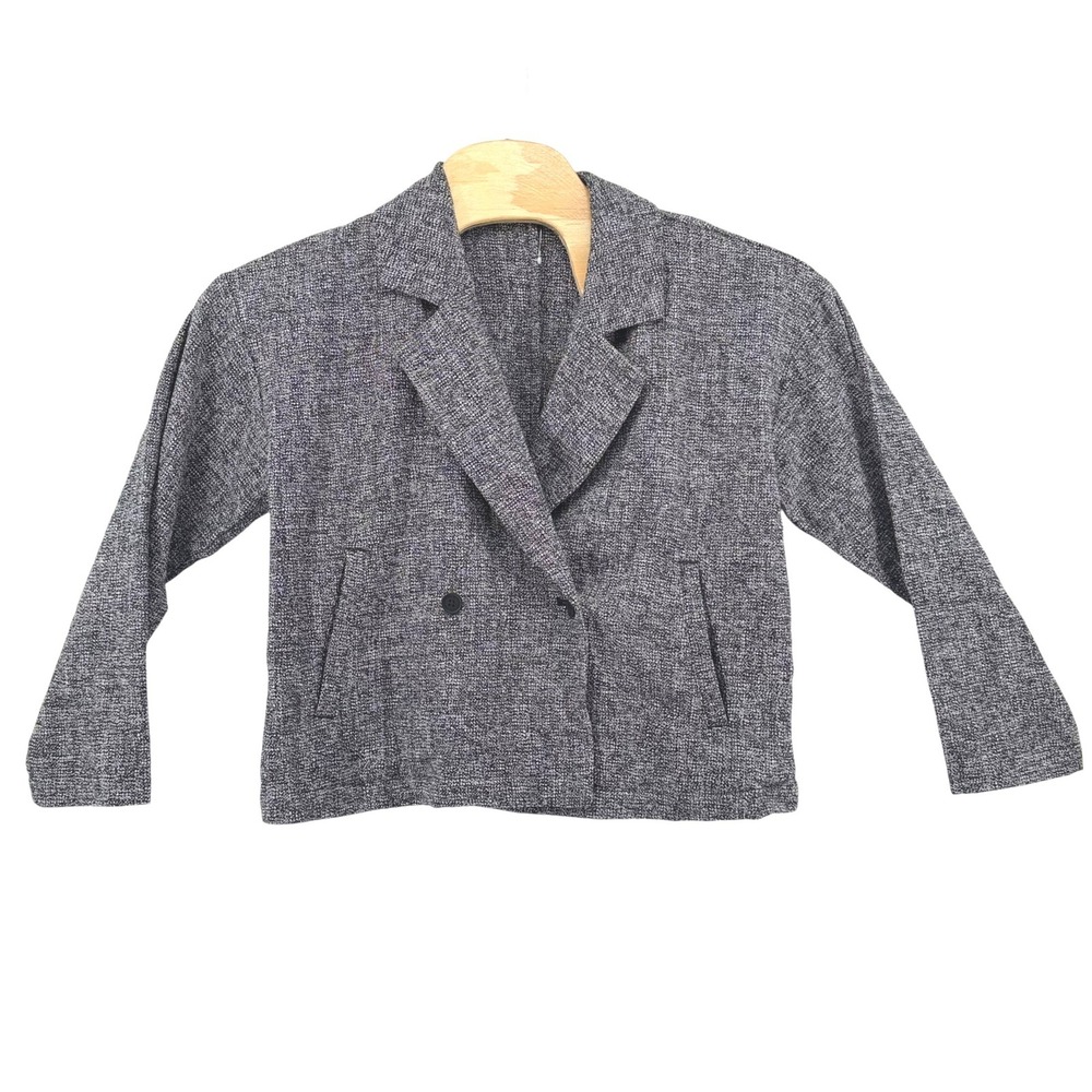Eileen Fisher Large Organic Cotton Woven Double Breasted Blazer Grey Black White